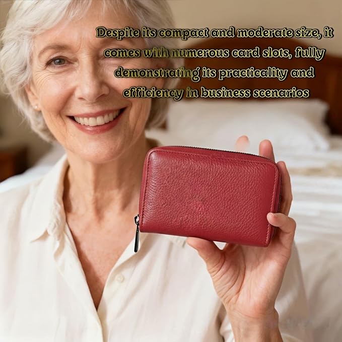 Genuine Leather Credit Card Holder, Wallet Case, Bank Card Case, RFID Blocking Secure Card Case, ID Case, Organizer Zipper Wallet 1 Pcs - Rose