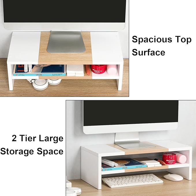 TEAMIX 2 Tiers Desktop Monitor Stand Riser 20 Inch Printer Stand with Storage Small TV Riser Laptop Wooden Desk Organizer Shelf Bookshelf Maple (White+Maple, 2 Tiers) | Laptop/PC/Printer/Keyboard Storage, Ergonomic Design, 15mm thick Sturdy Wood Boards...