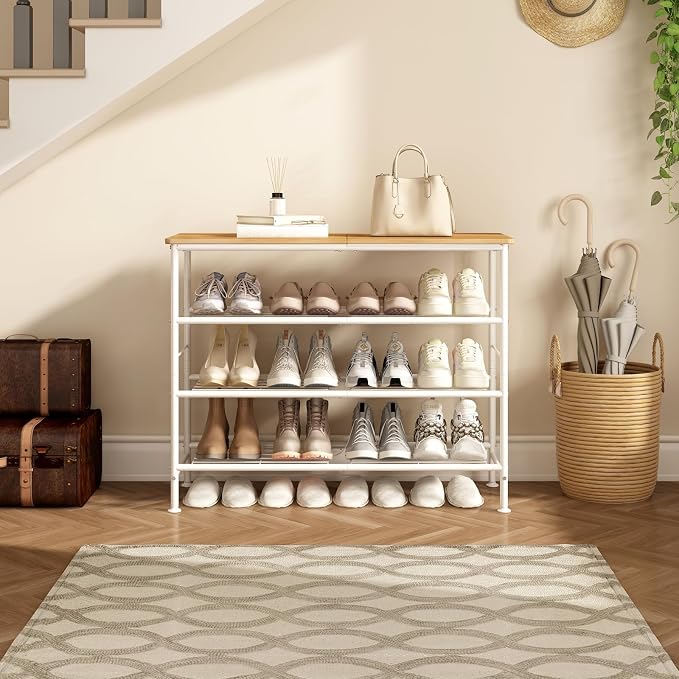 SUOERNUO Shoe Rack Organizer 4 Tier for Closet Entryway Free Standing Metal Storage Shoe Shelf with MDF Top Board (White + Nordic Walnut, 4 Tier)