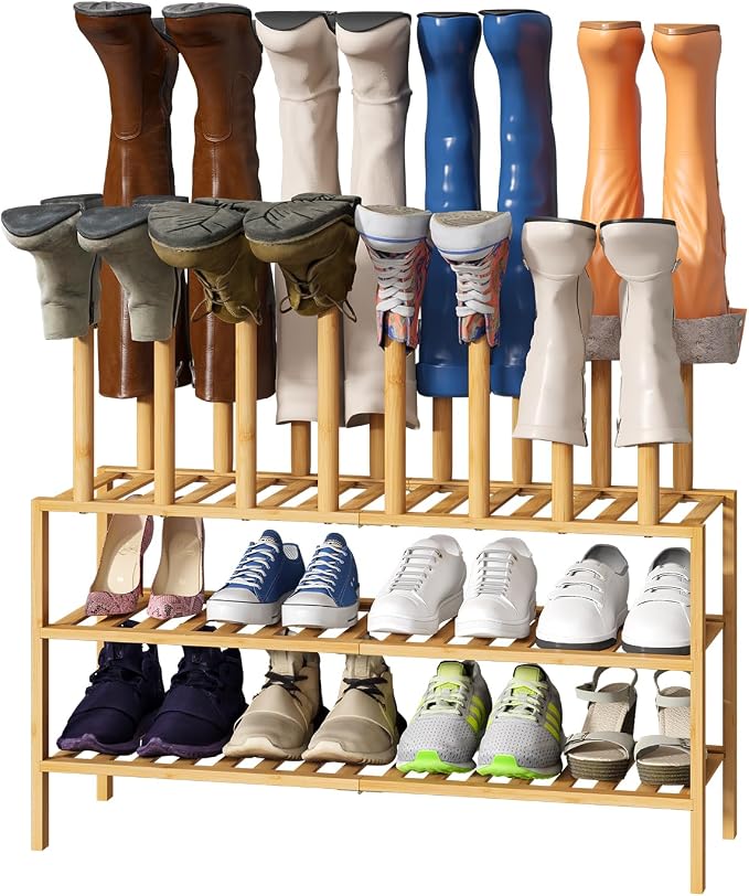 viewcare Boot Rack with Shoe Rack, Long Boot Rack Organizer Tall Boots for Closet, Bamboo Wood Shoe Shelf Storage Organizer for Entryway Small Space