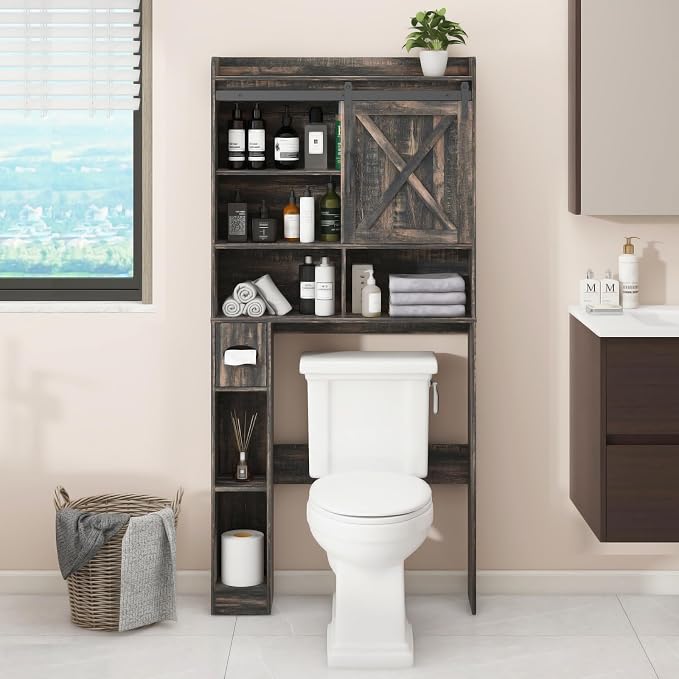 Vabches Over The Toilet Storage Cabinet with Sliding Barn Door. Dark Grey | Farmhouse Storage Cabinet with Toilet Paper Holder Stand, Home Space-Saving Toilet Rack, for Bathroom, Restroom, Laundry