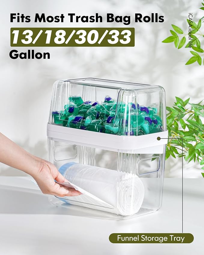 iCASA 3 in 1 Trash Bag Dispenser Holder Dishwasher Pod Organizer | Garbage Bag Dispenser Under Sink Organizer for 13/30/33 Gallon Bag, Kitchen Clear Plastic Storage Bins Laundry Pods Container