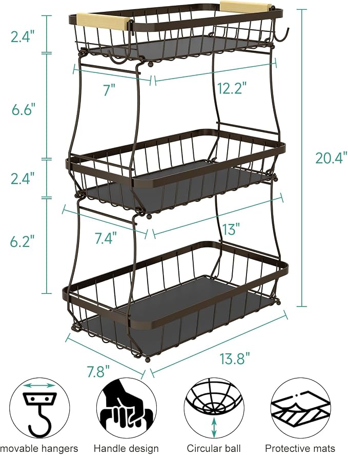 Sevenblue 3-Tier Fruit Basket with Banana Hangers, Detachable Metal Bowl | Wooden handle, protective mats included. Versatile holder for bread, snacks, and veggies. Large 3 tier metal design.