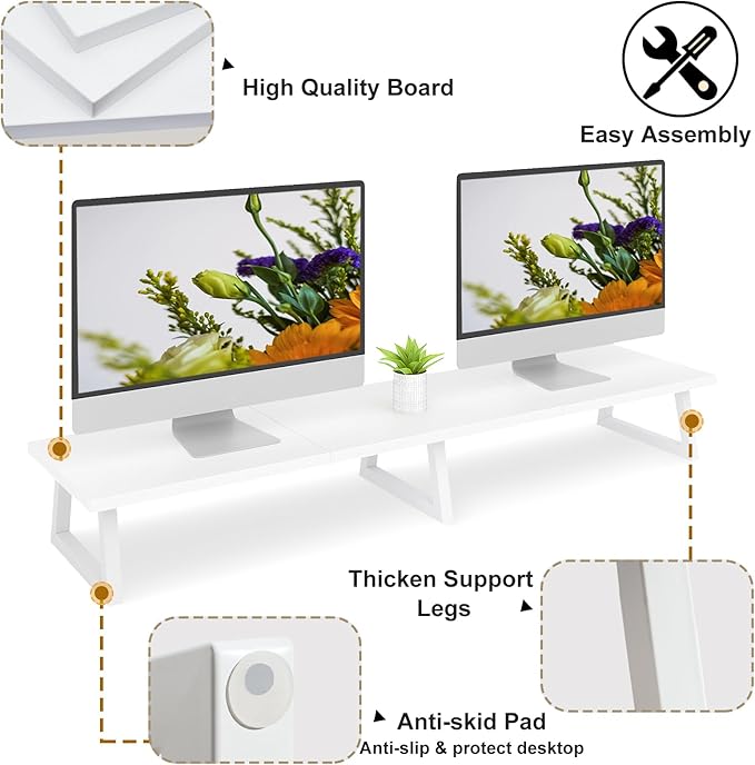 TEAMIX 42 inch Dual Monitor Riser White, Desk Organizer Stand for TV Laptop | Extra Long Stand Riser for 2 Monitors, Wood & Steel TV Riser, Holds 300lbs, Keyboard & PS5 Storage, For Home Office & Gaming
