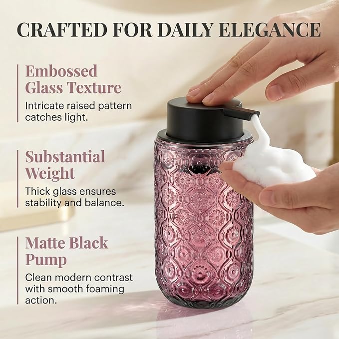 Pink Glass Foaming Hand Soap Dispenser with Matte Black Pump Thick Embossed Bottle Refillable for Bathroom and Kitchen Decor 13.5 oz
