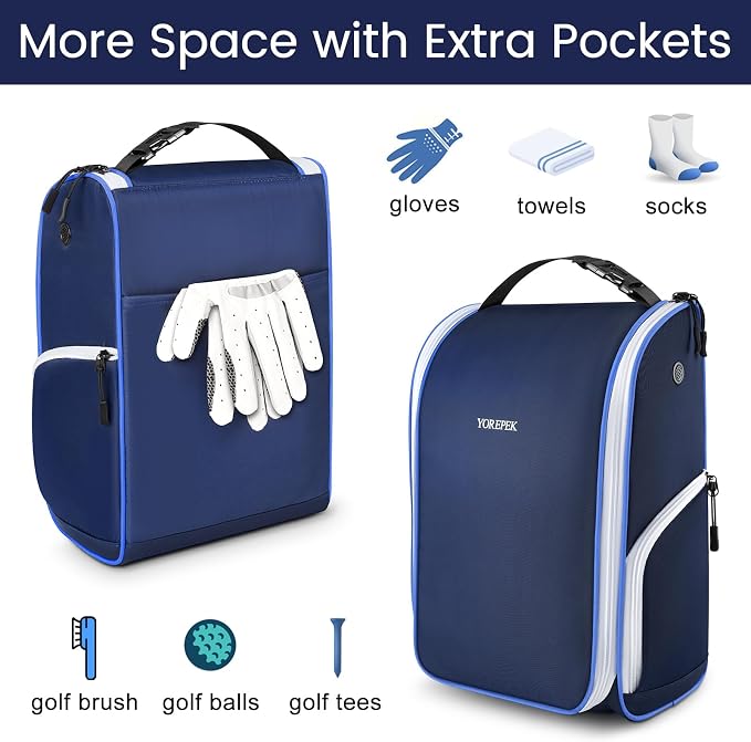 YOREPEK Golf Shoe Bag with 3 Pockets for Socks, Gloves, Tees, Balls, Brush | Designed with a Buckle Top Carry Handle, Zippered Sport Shoe Carrier Bags with Ventilation, Golf Gifts for Men