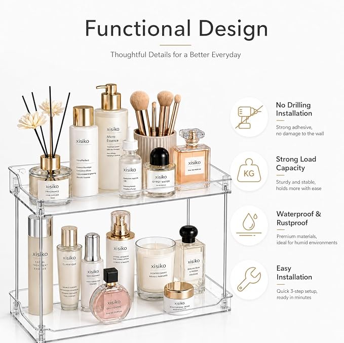 2 Tier Clear Bathroom Counter Organizer, Vanity Organizer for Skincare Makeup Perfume, Multi-Purpose Storage Shelf for Bathroom Kitchen Bedroom
