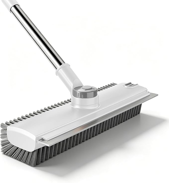 360° Rotatable Floor Scrub Brush - 55 Inch Adjustable Long Handle 2in1 Scrub Squeegee Hidden Hair Catcher V-Type Gap Cleaner for Bathroom Kitchen Patio (White)