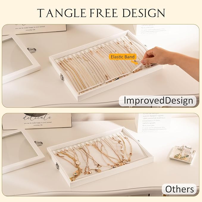 Lolalet Jewelry Organizer Tray with Lid, 18 Hooks Velvet Necklace Organizer Holder Storage Box for Drawer -Beige | Made of velvet cover, with lid, compact for drawers, 18 hooks for clear necklace organiser