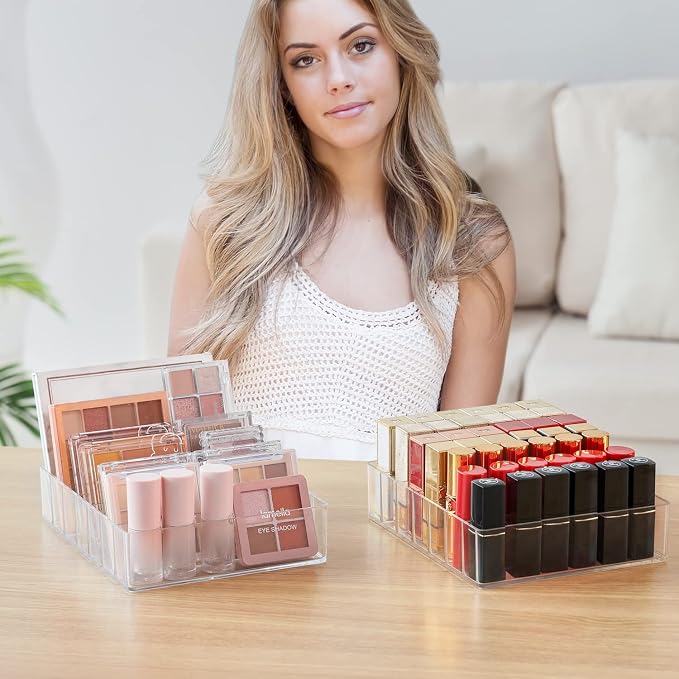 WECHENG Clear Plastic Acrylic Makeup Organizer for Makeup Palette Organizer, 7 Slots Cosmetic Organizer for Vanity Countertop & Drawer, Holder for Eyeshadow Palettes, Blushes, Lipstick
