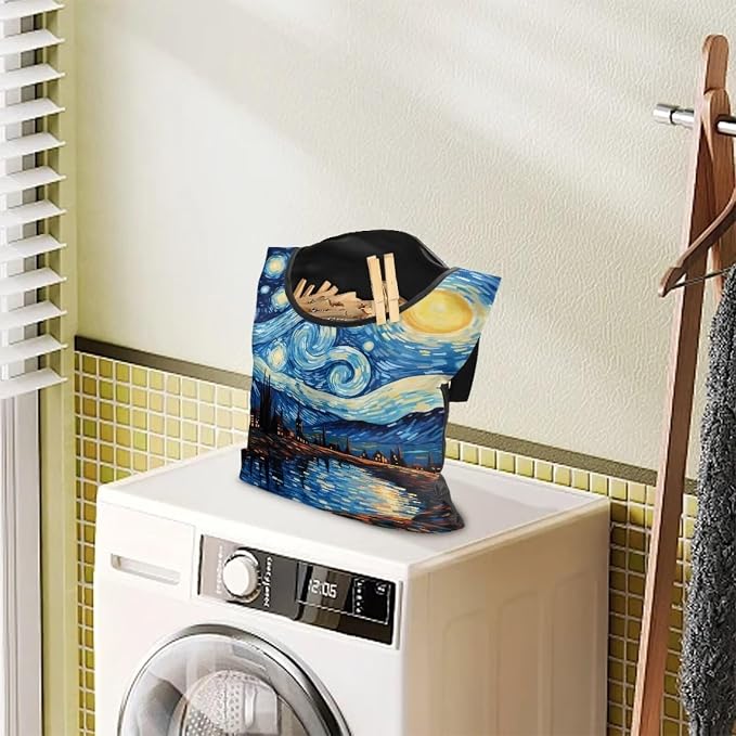 Van Gogh Starry Night Clothespin Bag with Hanging Rope 14.5 x 12 Inch Summer Waterproof Laundry Clothes Pin Holder Clothespin Storage Organizer with Large Opening