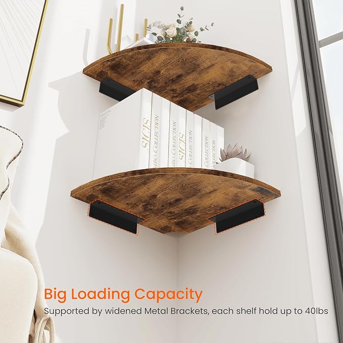 Homode Corner Wall Shelf, 12 Inch Wide Wooden Corner Floating Shelves with Cord Hole, Set of 4 Round Corner Hanging Storage Shelving for Bathroom Living Room Small Spaces, Rustic Brown