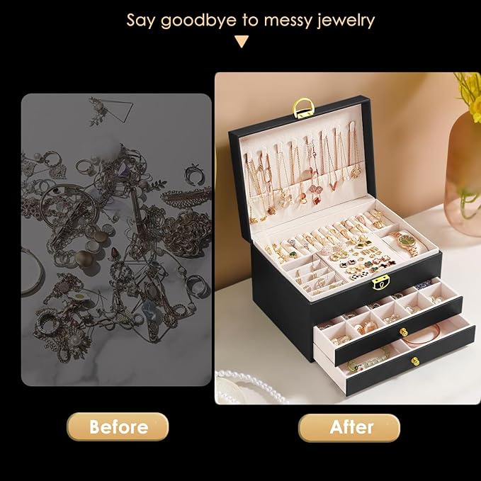 GUOER Jewelry Box for Women Girls, 3 Layers Large Jewelry Organizer(Champagne)