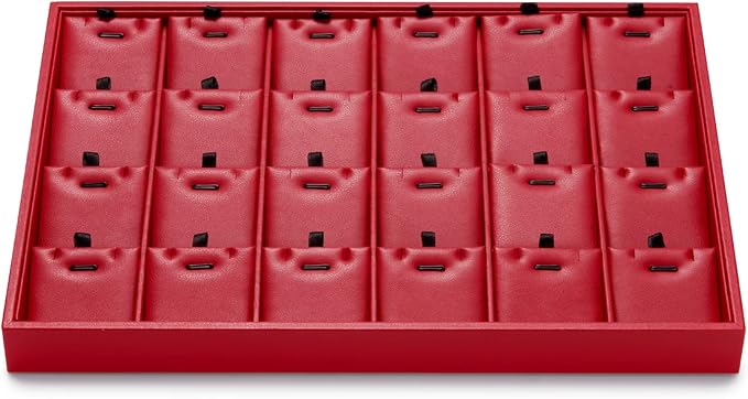 Oirlv Gorgeous Red Leather 24 Grid Jewelry Tray with Removable Inserts Jewelry Cards Stackable Necklace Trays Necklace Drawer Organizer