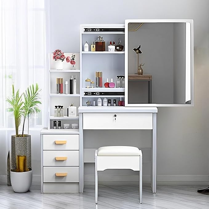 Makeup Vanity Desk with Mirror and Lights, Vanity Table Set with Storage Drawer & Chair & 3 Shelves, 3 Lighting Colors, Adjustable Brightness Small Makeup Vanity White