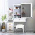 Makeup Vanity Desk with Mirror and Lights, Vanity Table Set with Storage Drawer & Chair & 3 Shelves, 3 Lighting Colors, Adjustable Brightness Small Makeup Vanity White