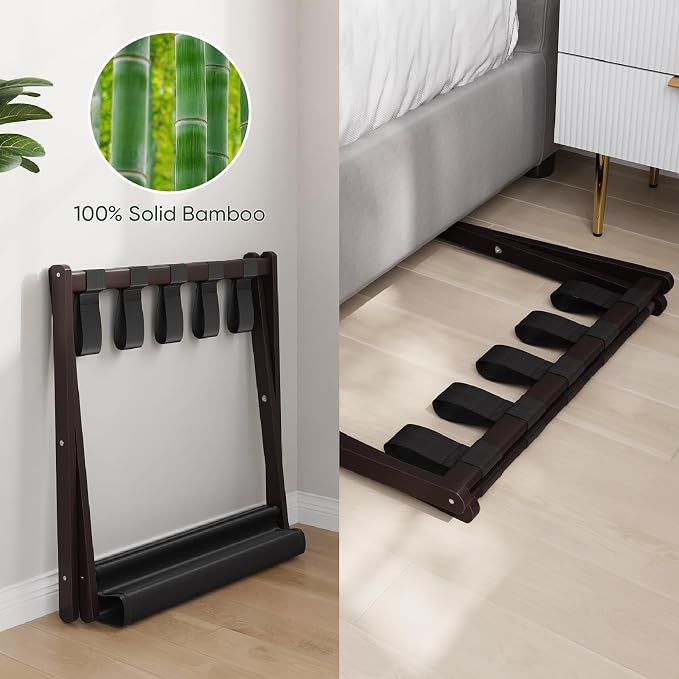 Smart FENDEE 2 Pack Luggage Rack, Folding Luggage Rack for Guest Room, Brown Bamboo Suitcase Stand Holds up to 131 lb, Luggage Stand with Storage Shelf for Hotel, Bedroom