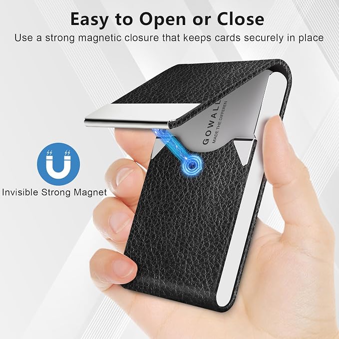 Business Card Holder with Magnetic Closure, Slim Metal PU Business Card Case for Men Women, 3.7 x 2.3 inches RFID Blocking Credit Cards Holder for Pocket or Bag Storage, Black
