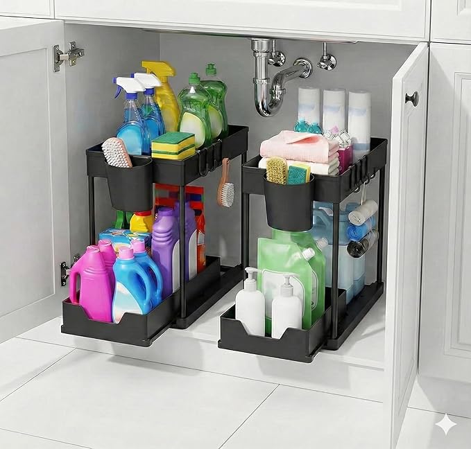 2-Tier Multi-Purpose Pull-Out Home Organizer – Under-Sink & Cabinet Sliding Storage for Kitchen & Bathroom – Durable, Space-Saving Design – Black (1-Pack)
