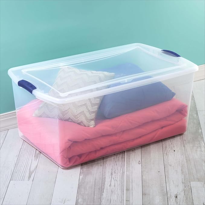 105 Quart Extra Large Clear Plastic Storage Bin, Stackable Container With Blue Accent Latch Lid, See-Through Lidded Box For Seasonal Clothes, Bedding, Camping Gear, Home Closet