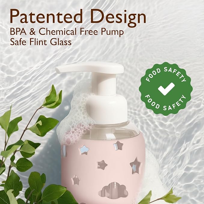SoCal Suds & Company Foaming Hand Soap Dispenser Glass, Liquid Soap Pump with Cloud & Star Sleeve, Refillable Bottle for Kids, Baby Wash & Shampoo, Ideal for Bathroom & Kitchen Use, Light Pink, 8oz