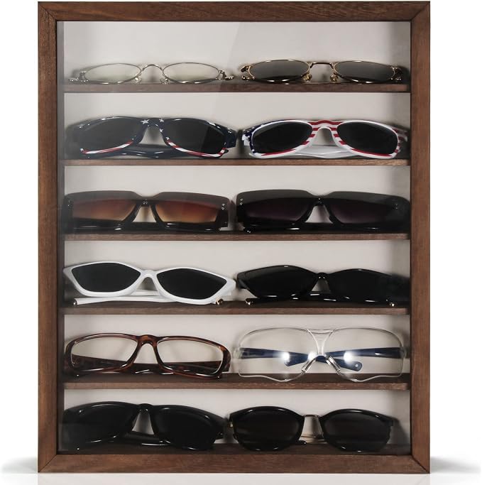 TJ.MOREE Sunglass Organizer Wall Mounted Glasses Holder Display Case 6 Tier | 13 x 15.6 inches Wooden Storage Box for Multiple Pairs Eyeglasses Sports Sunglasses