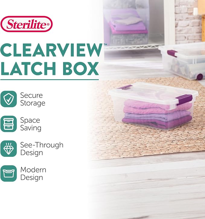 Sterilite 12-Pack ClearView Latch Box, Stackable Organizer Bins with Lids, 15 Quart - Clear Plastic Organization Containers for Closet, Bedroom, Shelving Units and Home or Office Storage