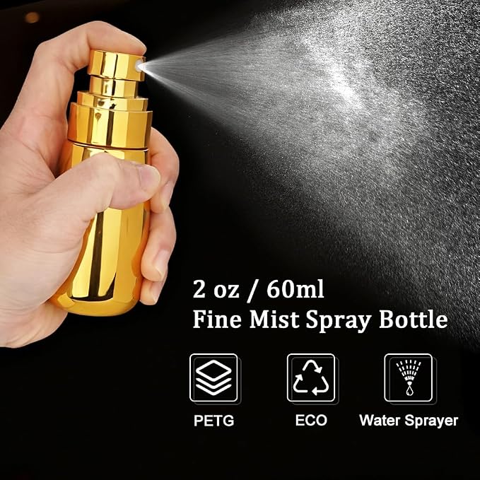 Travel Spray Bottle 2oz/60ml 2 Pack TSA Approved | Gold, Fine Mist Spray Bottles, Leak Proof, Small Sprayer Bottle, Refillable Travel Bottles for Hair, Perfumes, Skincare Water
