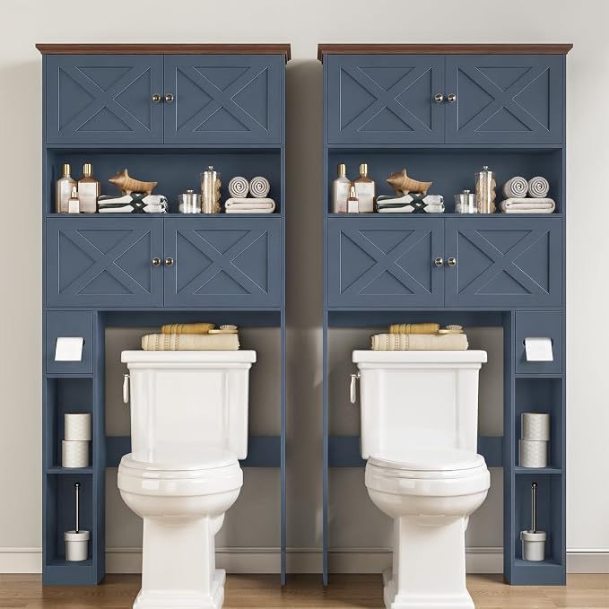 Halitaa Over The Toilet Storage Cabinet with Doors & Paper Holder, Blue | Halitaa Farmhouse Toilet Shelf Home Space Saver with 4 Barn Doors & Toilet Paper Holder Stand for Restroom, Bathroom, Laundry