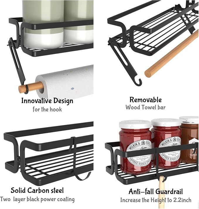 Spice Rack Wall Mount, Black, 3 Pack | Paper Towel Holder and Hooks, Screw or Adhesive Hanging, Space Saving, For Seasonings, Stove, RV, Cabinet