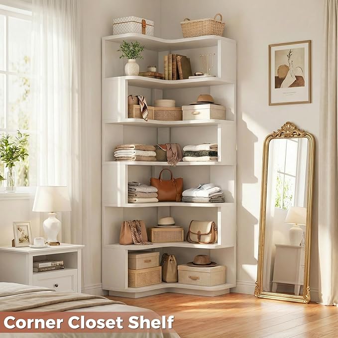 Besiost Corner Book Shelf, 7-Shelf Corner Bookshelf for Small Corner Spaces, L-Shape Bookcase Corner Display Shelf for Home Office, Living Room, Bedroom, Kitchen Pantry, White