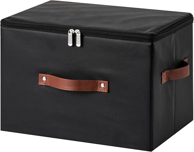 Storage Bin Box with Zippered Lid Decorative PU Leather Basket | Foldable Washable Stackable Clothing Container, Lidded Shelf Closet Organizer, with Handles & PP Plastic Boards, Black-Large