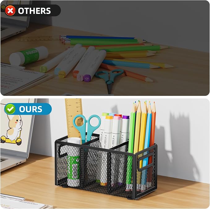 Marbrasse Mesh Pen Holder for Desk,Pencil Holder Desk Organizer 3 Adjustable Compartments,Pencil Cup with Handle Perfect for Classroom, Office, Home,Makeup,Art (Black)