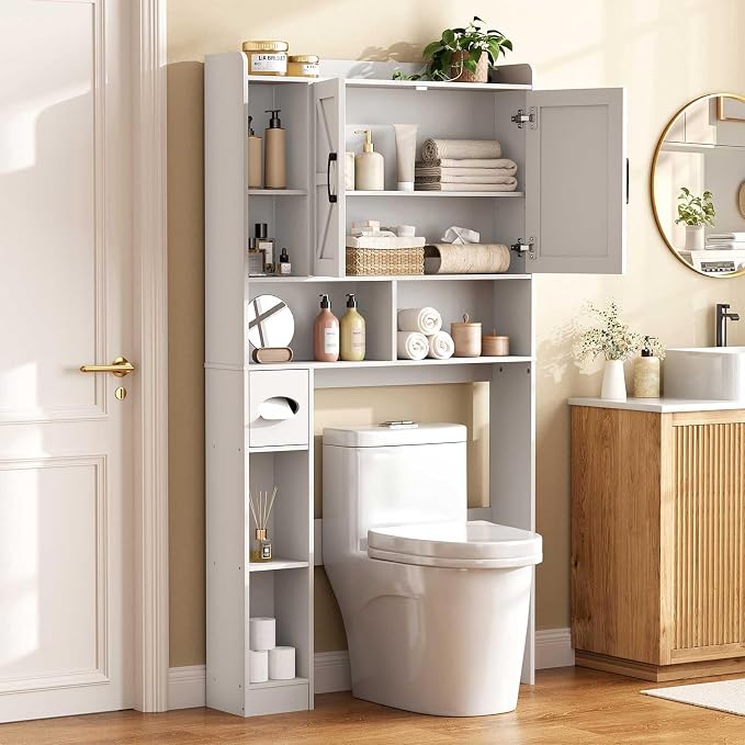 Vabches Over The Toilet Storage Cabinet with 2 Barn Doors, White | Toilet Paper Holder Stand，Home Space-Saving Toilet Rack, for Bathroom, Restroom, Laundry