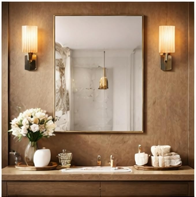 Head West Nordic Gold Stainless Steel Metal Framed Vanity Mirror, Accent Decorative Mirror for Wall Decor, Rectangle Modern Bathroom Mirror for Over Sink, Bedroom, Living Room Entryway Hallway 22"x34"