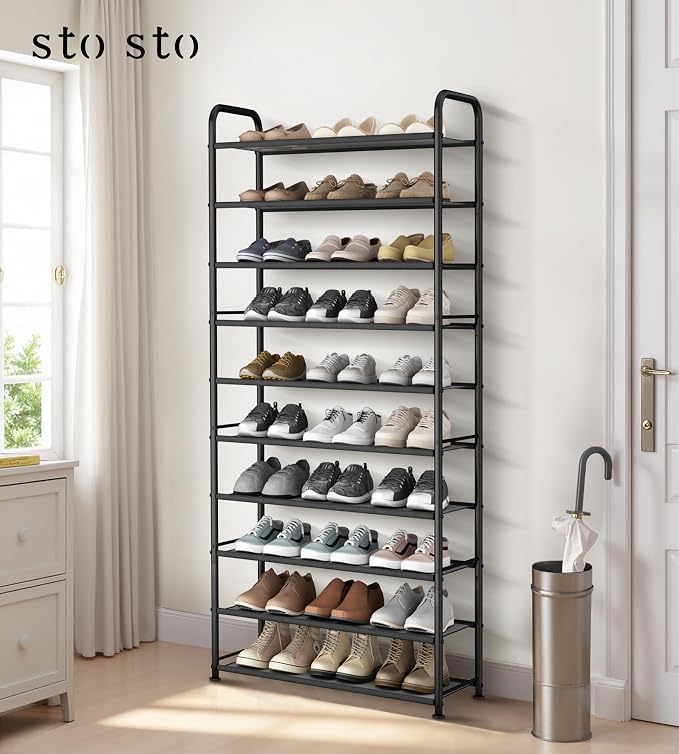 STO STO 10-Tier Shoe Rack with Sturdy Mesh Shelves, Tall Metal Shoe Organizer for Entryway, Closet, Garage, Front Door, Holds 30 Pairs, Free Standing Large Shoe Storage Shelf, Adjustable Feet, Black