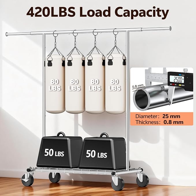 Heavy Duty Clothes Rack for Bedroom - Load 420 LBS - Rolling Clothing Rack for Hanging Clothes with Lockable Wheels & Shelves - Extendable Garment Rack for Closet Laundry - Silver