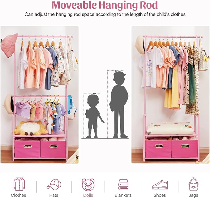 Bamboo Kids Clothing Rack: Holds Up To 121 Lbs of Dress-Up Clothes | 2 Adjustable Hanging Rods & 2 Storage Baskets With Shelf. Child Garment Holder for Playroom & Toddler Bedroom (Pink)