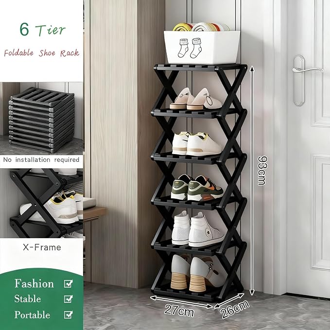 Vertical Narrow Shoe Rack Black, 6 Tier Portable Folding Shoe Storage Rack, Without Installation Free Standing Shoe Rack for Corridors, Bedrooms Living Room Corner and Small Spaces