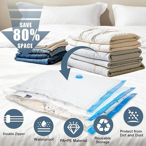 10 Jumbo Vacuum Storage Bags, Vacuum Seal Bags for Clothing Space Saver Compression Storage Bag with Hand Pump Extra Large for Clothing Travel Comforters Blankets Pillow Bedding Duvets Clothes