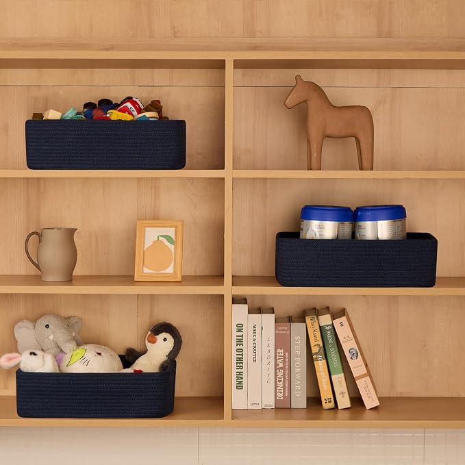 MiniArk Large Shallow Organizing Baskets 15x11x5.1 Inches - Rope Woven Storage Bins for Bathroom, Shelves, Cube Closet, Navy Blue 2 Packs