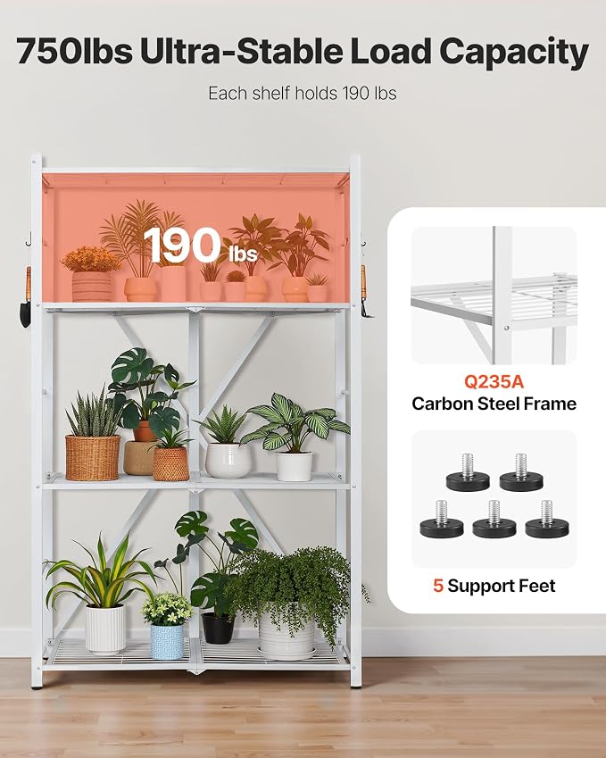 VEVOR 4-Tier Foldable Storage Shelf, 36W x 21D x 60 H Inch Folding Metal Rack Shelving Unit, No Assembly Organizer Shelf with 5 Wheels & 4 Hooks for Pantry, Kitchen, Garage, Basement, White