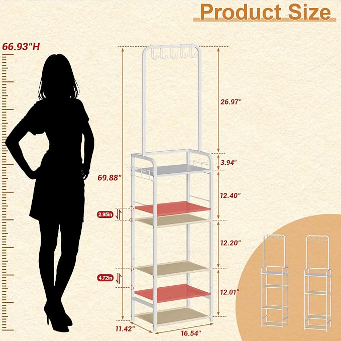 Tall 5-Tier Purse Organizer for Closet with 5 Purse Hanger, Large Purse Rack Stand with 6 Side Hooks, Adjustable Handbag Organizer Shelf, Space-Saving Narrow Purse Storage Organizer for Small Place