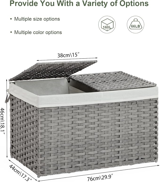 SETVSON Storage Basket with Lid Wicker Baskets for Storage with 2 Separate Lid 42.3 Gallon (160 L) 29.9 x 17.3 x 18.1 Inches Rattan Woven Large Wicker Basket with 2 Liners for Bedroom Laundry Gray