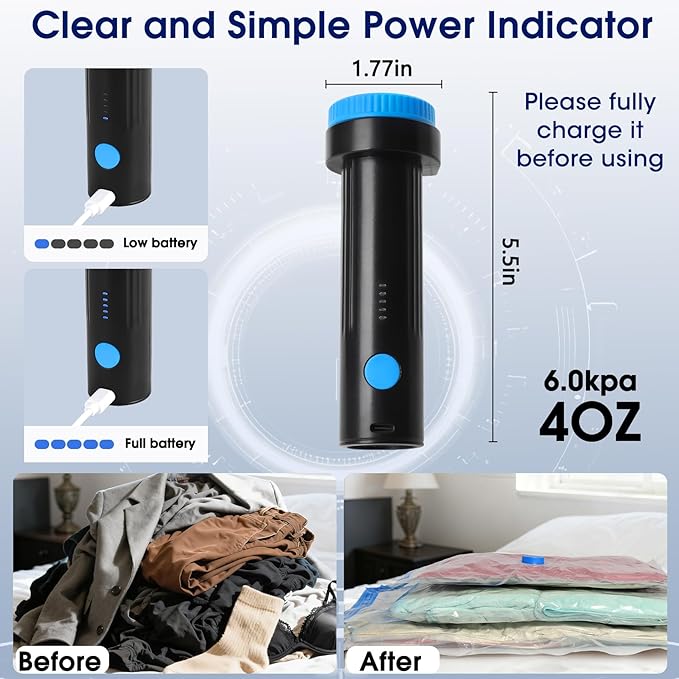 6.0Kpa Cordless Electric Vacuum Pump for Storage Bags, USB Rechargeable Portable Vacuum Sealer for Travel Air Pump Compression Bag Pumps for Clothes Blankets Bedding, Blue Black (No bags)