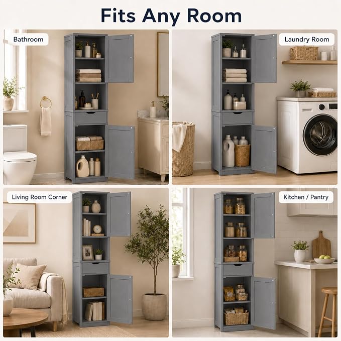 Walsunny Tall Bathroom Storage Cabinet with Freestanding Adjustable Shelves, Narrow Storage Linen Cabinet with 2 Doors and 1 Drawer for Bathroom, Living Room, Kitchen, Gray