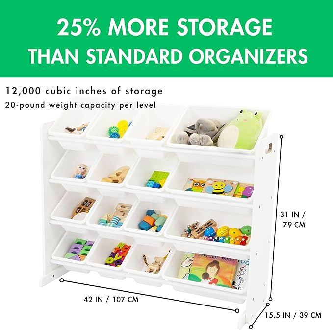Humble Crew Toy Storage Organizer with 16 Removable Storage Bins for Kids Playroom, 4-Tier Toddler Toy Organization and Storage, White/White