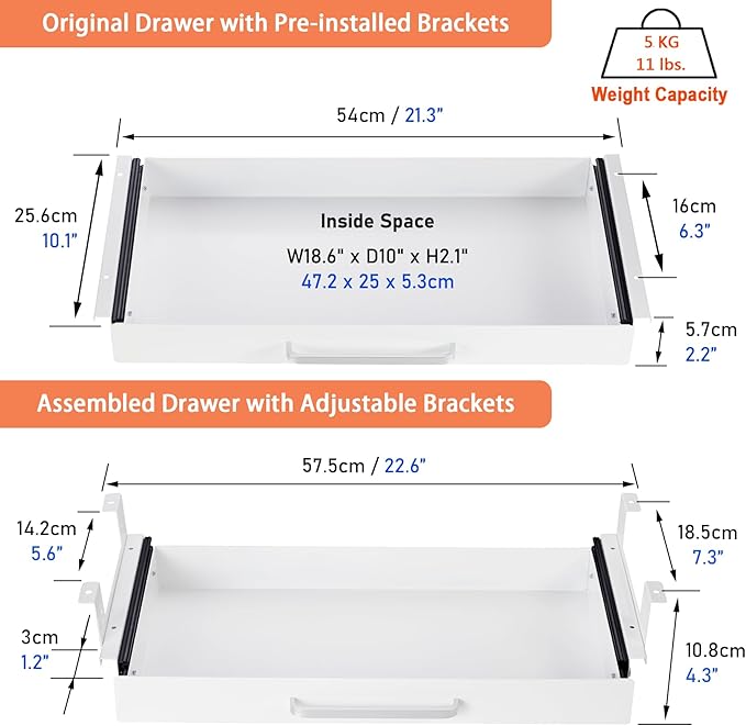 Under Desk Drawer Organizer 21" White Upgrade with Adjustable Brackets, Sliding Pull-Out Under Table Pencil Drawer, Office Standing Desk Attachment for Workbench | White, Under Cabinet Table, Heavy Duty Pull Out Shelf, Attachable for Workbench, Adjusta...