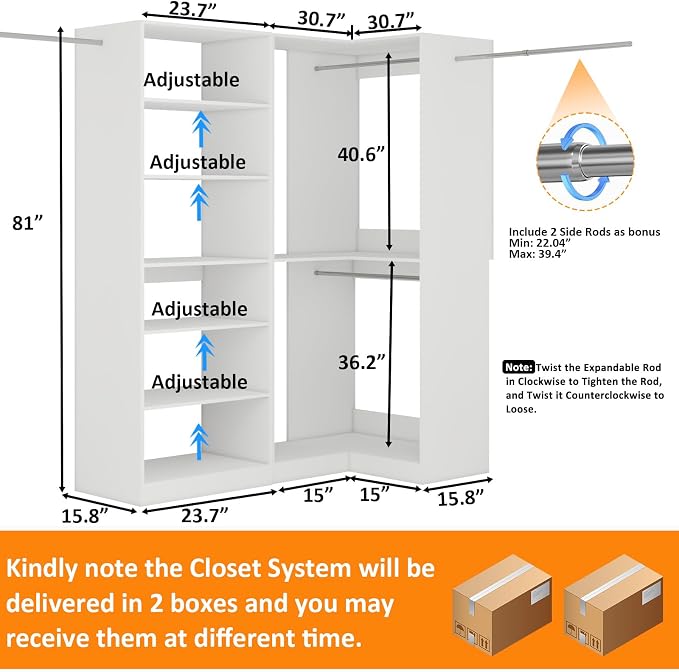 Closet System, 4.5-11.1 FT L-Shaped Corner Walk in Closet Organizer System with 6 Storage Shelves,4 Expandable Hanging Rods, 1400+ lbs Capacity, Set of 2, White