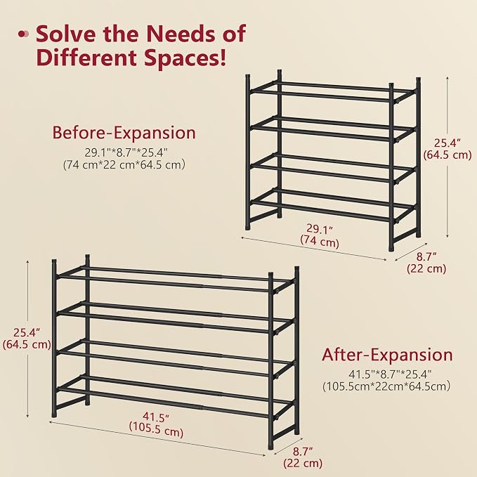 Tajsoon Expandable Shoe Rack for Closet 4 Tier, 29“-41“Adjustable & Stackable Shoe Shelf Storage, Metal Shoe Rack Organizer for Front Door Entrance, Closet, Garage, Entryway, Black